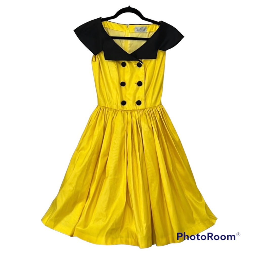 Vintage Sailor Dress Rockabilly A Line Yellow & Black Tulle Underskirt Lined - Picture 1 of 14